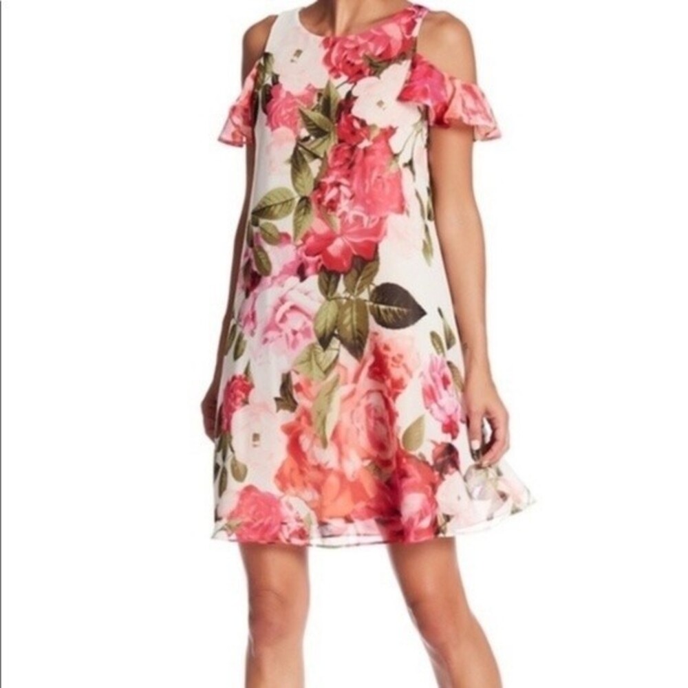 Eliza J Floral‎ Swing Flutter Sleeve Cold Shoulder Sheath Cocktail Dress Size 4